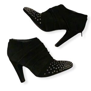 See By Chloe Black Suede Silver Studded Toe Heeled Ankle Booties Size 37.5